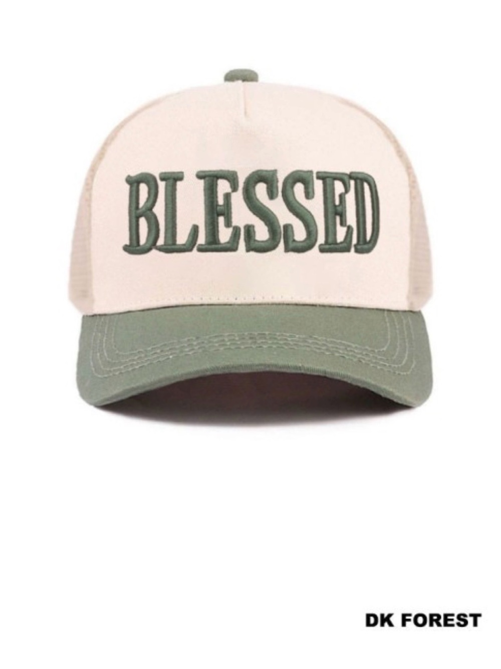 BLESSED Embroidered Trucker Hat - Cream & Olive